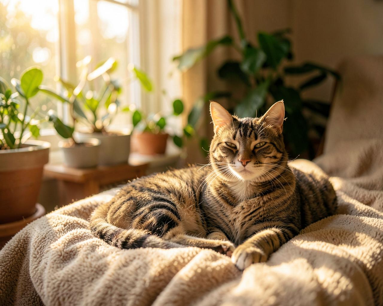 Gato feliz descansando en un hogar cálido y acogedor